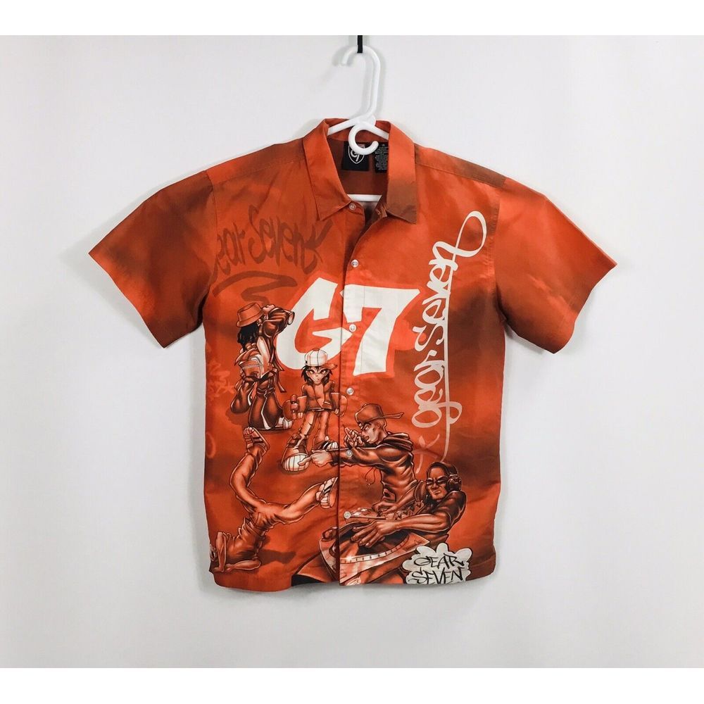 G7 Gear 7 Collection Shirt Size 14/16 Junior Orange button Up Graphic Logo Print
